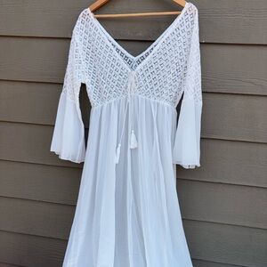 Bohemian Shear White Lace Maxi Dress flare sleeves Cottagecore Size Medium
